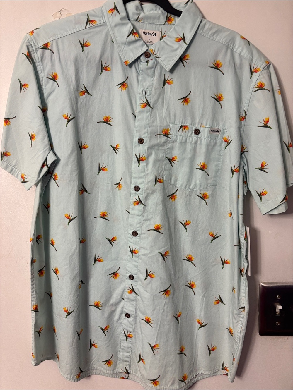 Hurley Pale Blue Short-Sleeve Button-Down with Orange Floral Print
